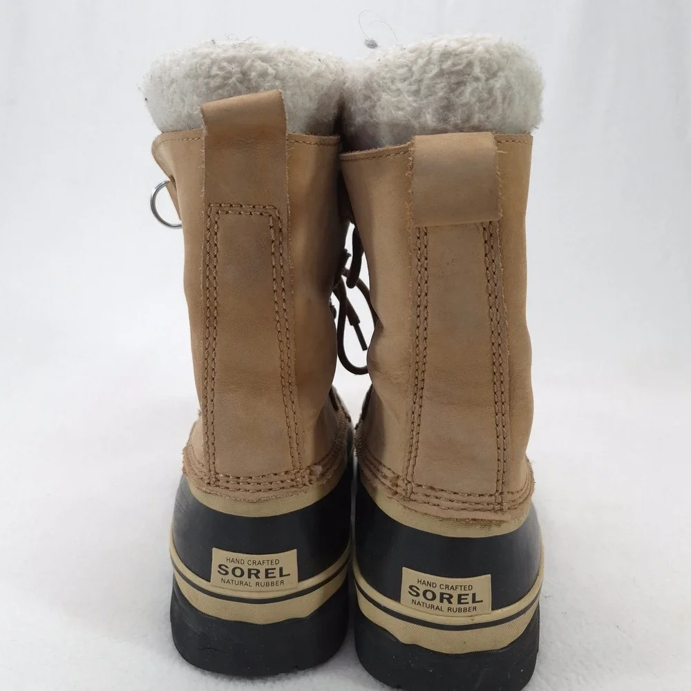 Sorel Caribou Tan Black Leather Waterproof Winter Snow Boots Lace Up Size 8